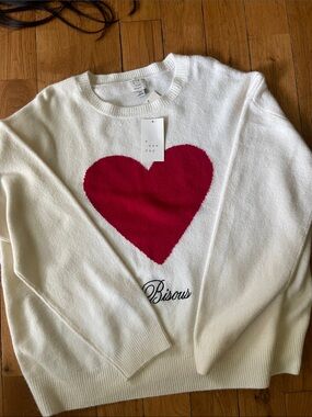 a new day Cream Sweater with Red Heart and 'Bisous' Script